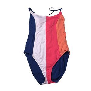 Time and Tru Pink Orange Navy Color Block 1 piece swimsuit Size Large (12-14)